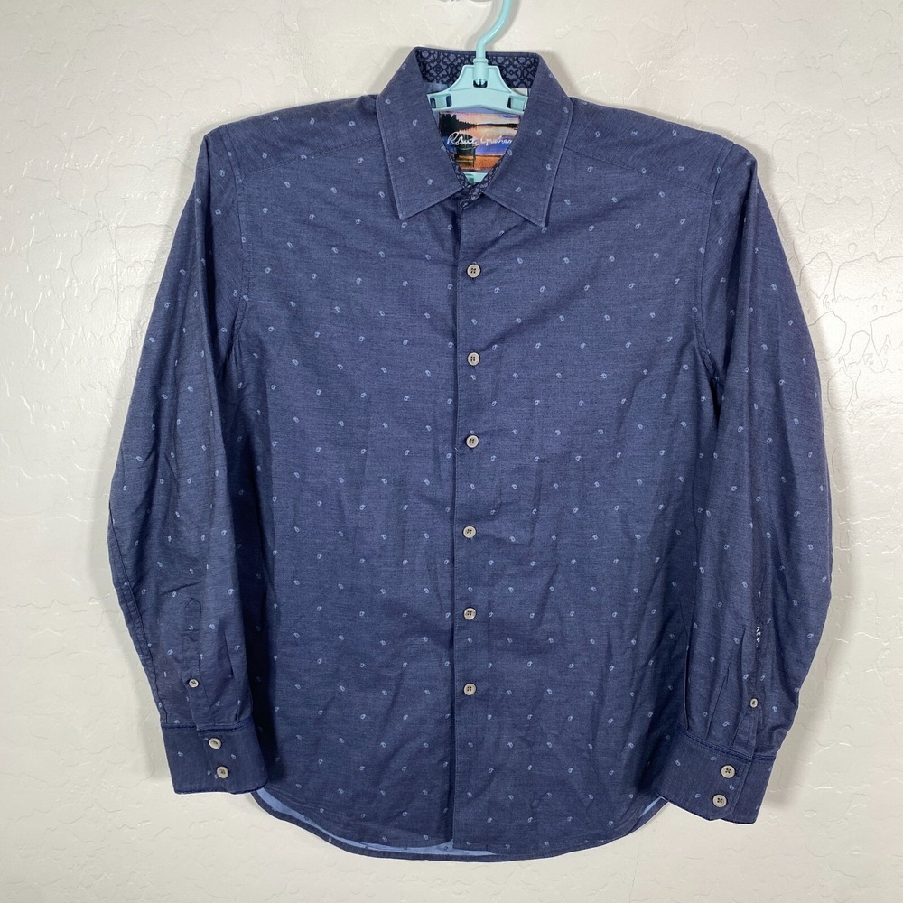 Robert Graham Shirt Mens Medium Blue Flip Cuff Paisley Polka Dot Classic Fit